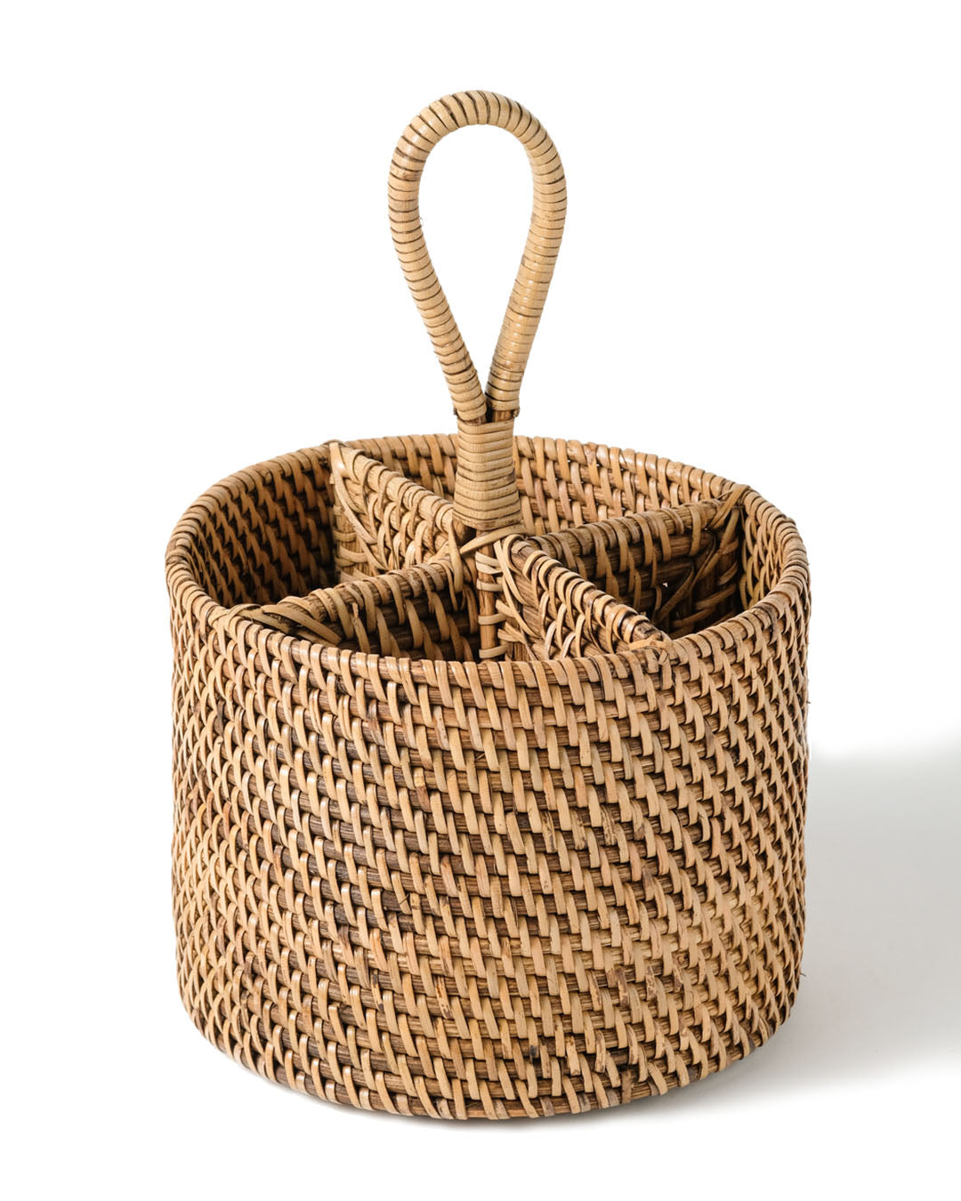 Organizador cesto portacubiertos de ratán 100% natural Banten redondo con agarre para transportar a la mesa, hecho a mano con acabado en blanco o natura, altura 28 cm diámetro 18 cm, fabricado en Indo nesia