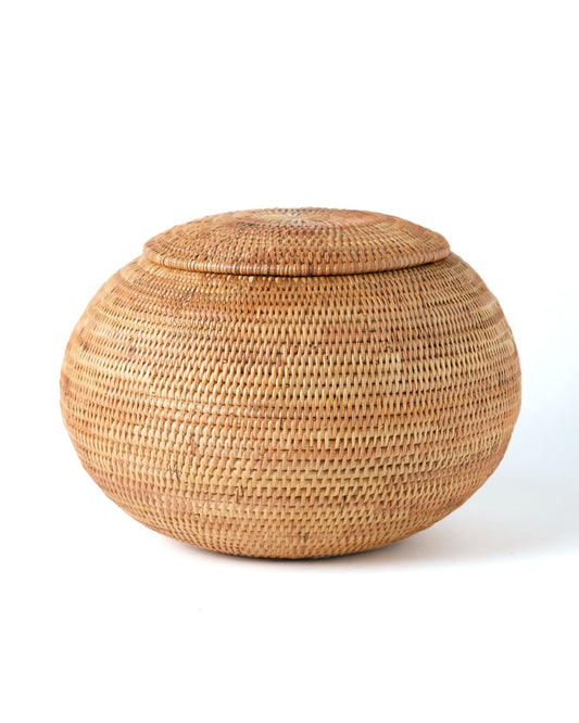 Bowl de ratán natural 100% con tapa Sumbawa decorativo, ovalado, tejido a mano, acabado natural, 30 cm de diámetro, hecho en Indonesia